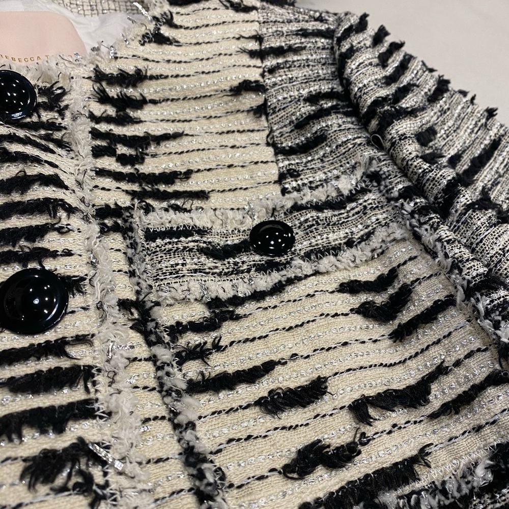 Rebecca Taylor Tweed Jacket Size 10 Black Cream Metallic - Picture 3 of 15